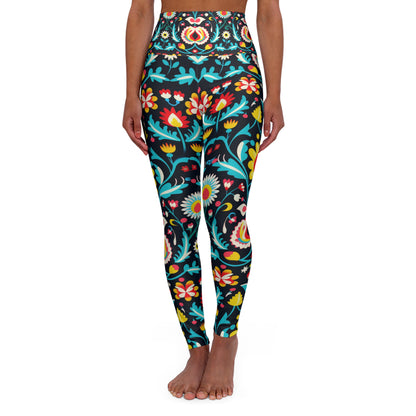 Midnight Folk Art High Waisted Leggings – Vibrant Boho Floral Print