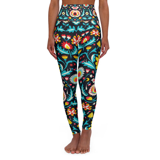 Midnight Folk Art High Waisted Leggings – Vibrant Boho Floral Print