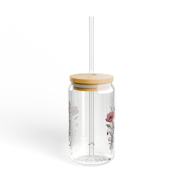 Personalized August Flower 16oz Can Glass - Stylish Sipper with Bamboo Lid and Straw