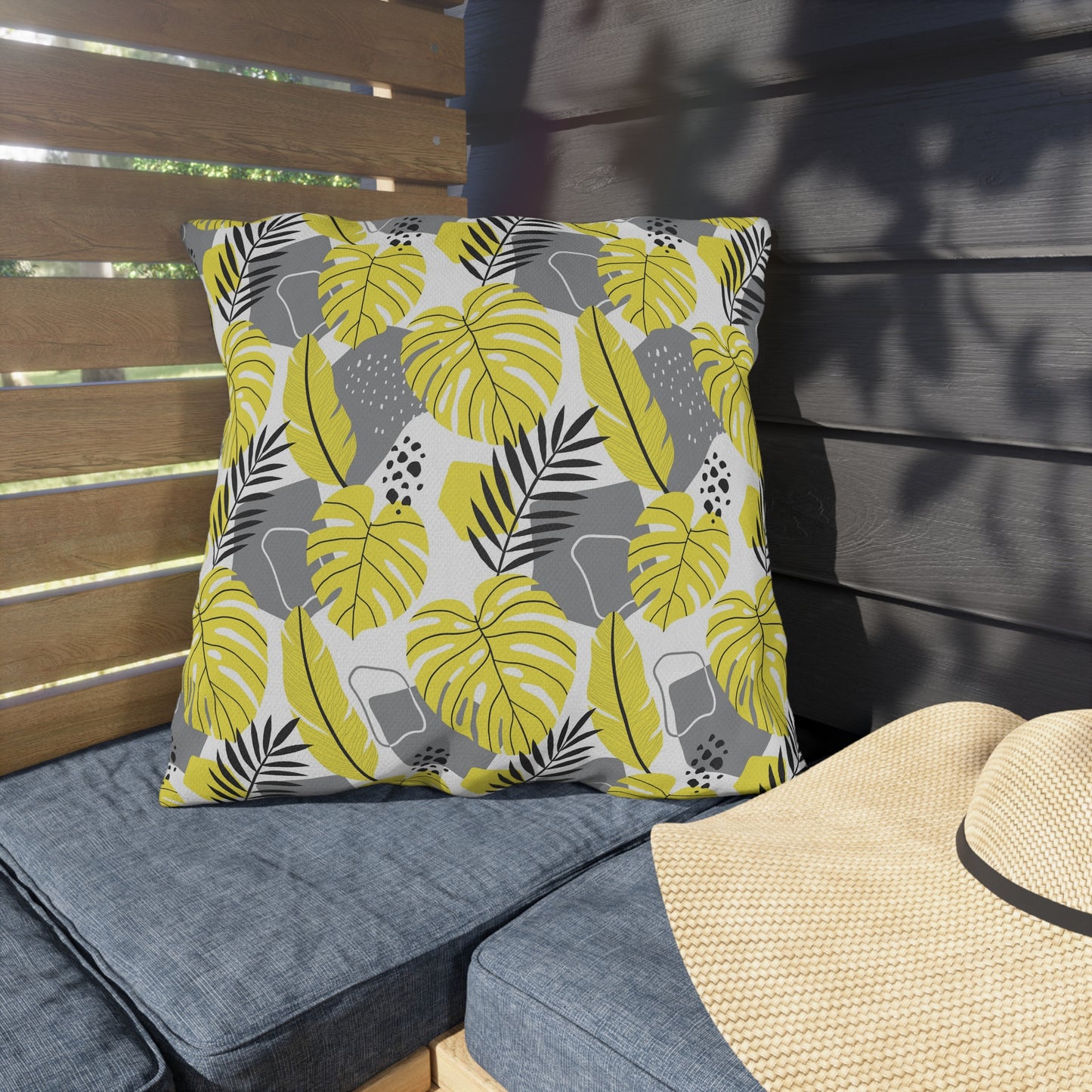 Outdoor Pillow - Yellow and Gray Tropical Leaf Throw Pillow