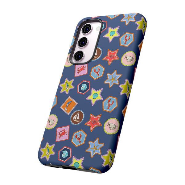 Lobsters Sailboats and Seashells on Navy Blue Phone Case
