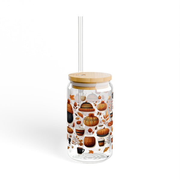 Fall 16oz Glass, Fall Icon Can Glass, Pumpkin Spice Cup, Glass Jar with Lid and Straw, 16oz Glass Cup, Libbey Cup