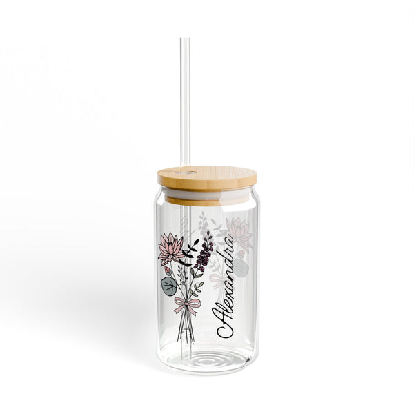Personalized July Flower 16oz Can Glass - Stylish Sipper with Bamboo Lid and Straw