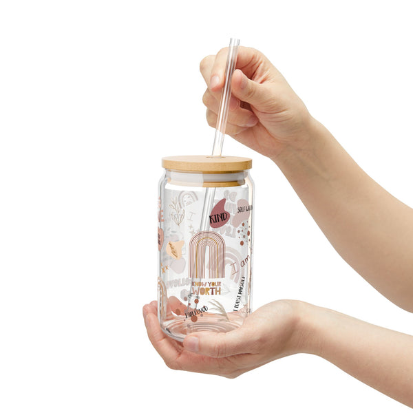 Daily Affirmation Glass Can Cup with Bamboo Lid & Straw, 16oz Self-Care Motivational Tumbler, Inspirational Drinkware, Positive Energy Cup