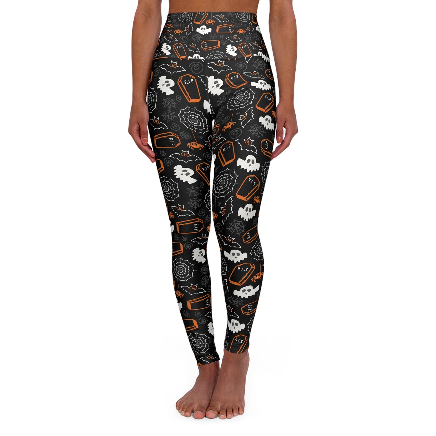 Spooky Season High Waisted Yoga Leggings – Cute Ghost, Bat & Coffin Print