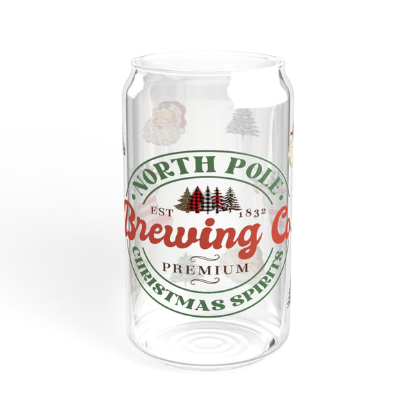Christmas 16oz Glass, Christmas Brewing Can Glass, Christmas Gift, North Pole, Glass Jar with Lid and Straw, 16oz Glass Cup, Libbey Cup