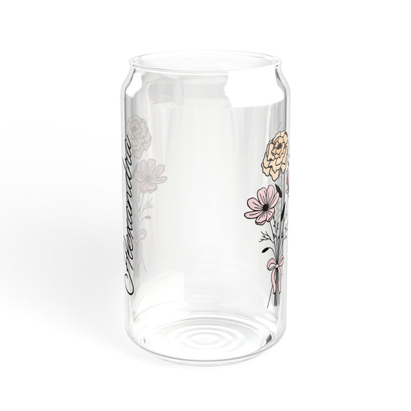 Personalized September Flower 16oz Can Glass - Stylish Sipper with Bamboo Lid and Straw