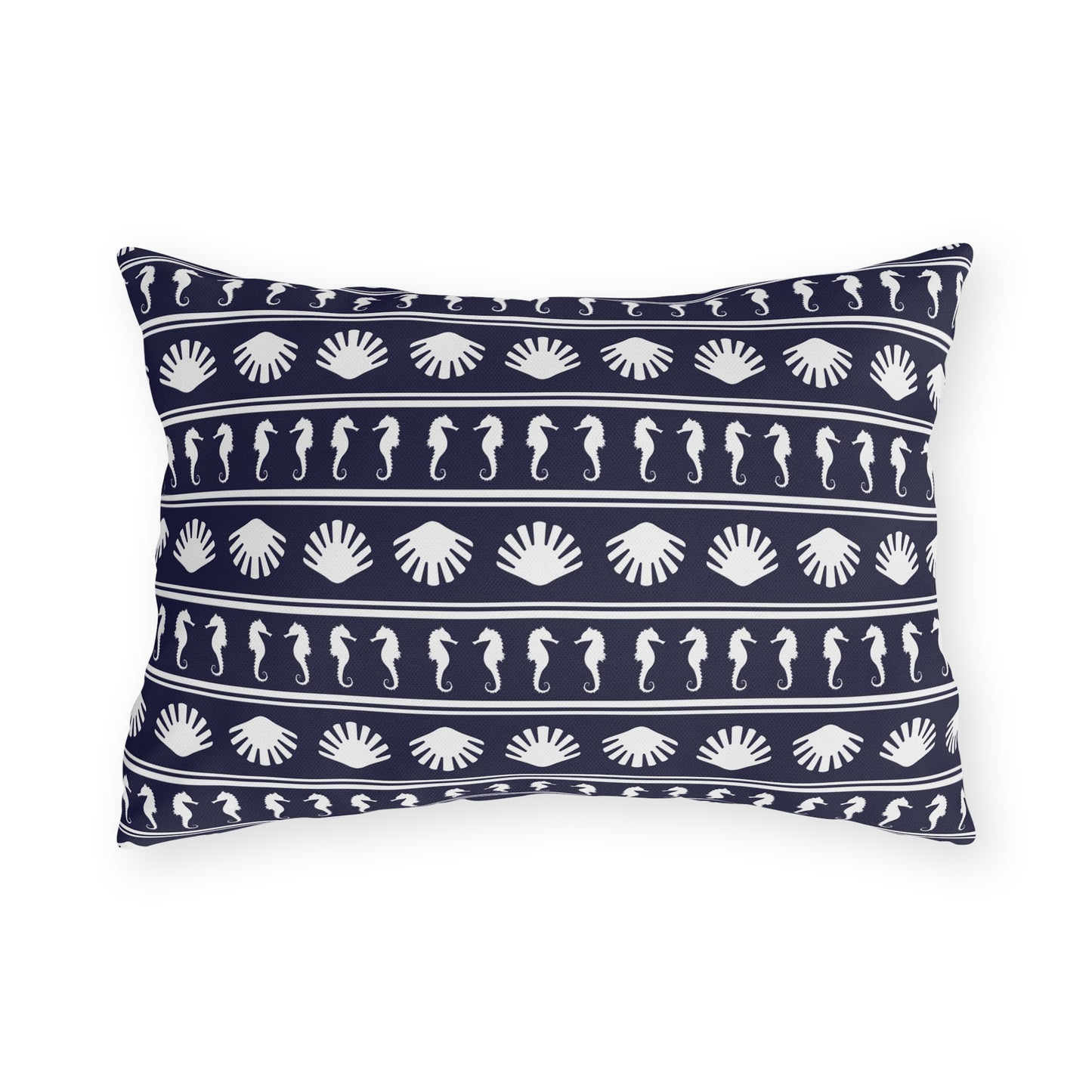 Navy Blue and White Seahorses and Shells Outdoor Pillow