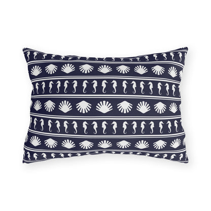 Navy Blue and White Seahorses and Shells Outdoor Pillow
