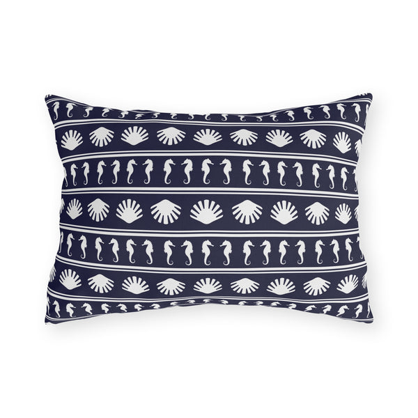 Navy Blue and White Seahorses and Shells Outdoor Pillow