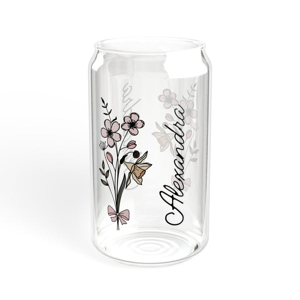 Personalized March Flower 16oz Can Glass - Stylish Sipper with Bamboo Lid and Straw