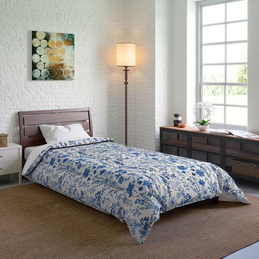 Blue Toile Floral Comforter - Cozy Bedding for Modern Bedrooms, Flower Pattern Bedspread, Spring Decor, Gift for Her