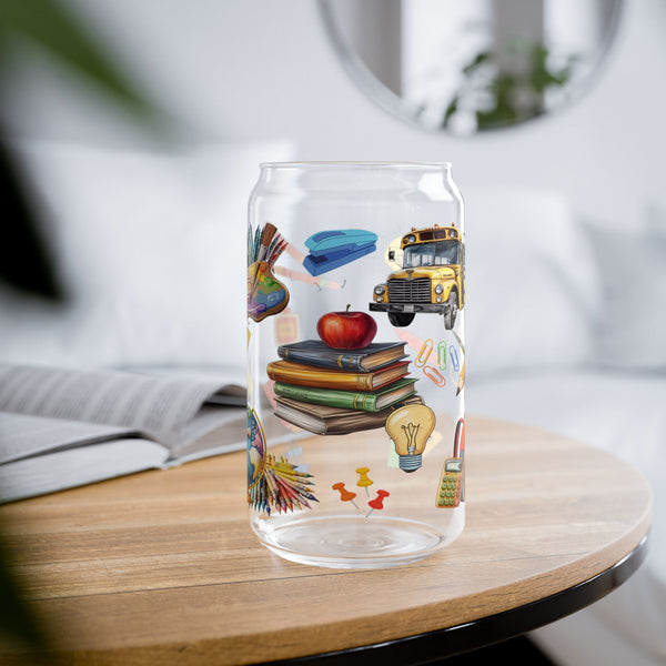 Teacher 16oz Glass, Back to School Can Glass, Teacher Gift Cup, Glass Jar with Lid and Straw, 16oz Glass Cup, Libbey Cup