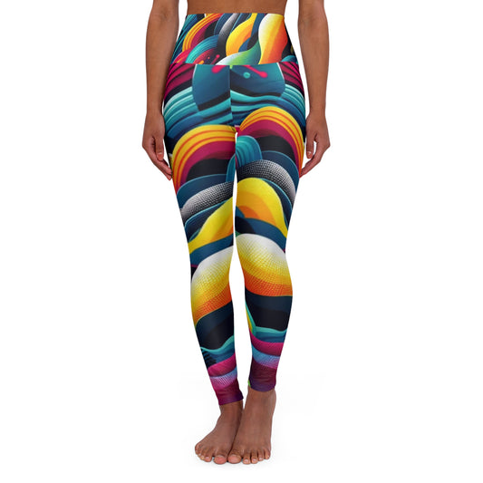 Electric Retro Wave High Waisted Yoga Leggings – Vibrant Abstract Ribbons