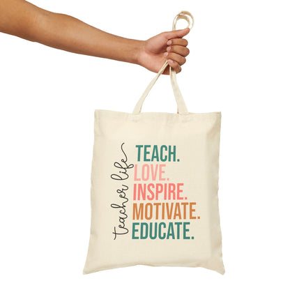 Teacher Life Cotton Canvas Tote Bag | Inspirational Gift for Educators | Eco-Friendly, Reusable, School Supply, Classroom Accessory