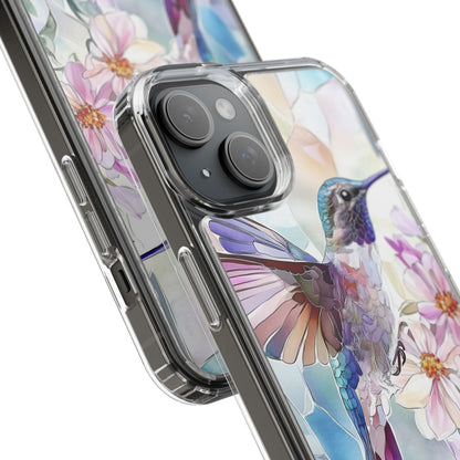Clear Hummingbird Phone Case - Floral Stained Glass Design, Wireless Charging Compatible