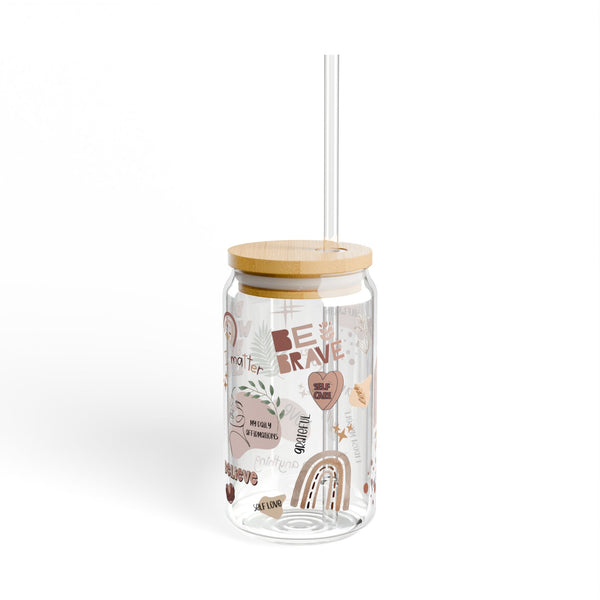 Daily Affirmation Glass Can Cup with Bamboo Lid & Straw, 16oz Self-Care Motivational Tumbler, Inspirational Drinkware, Positive Energy Cup