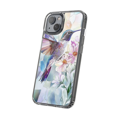 Clear Hummingbird Phone Case - Floral Stained Glass Design, Wireless Charging Compatible