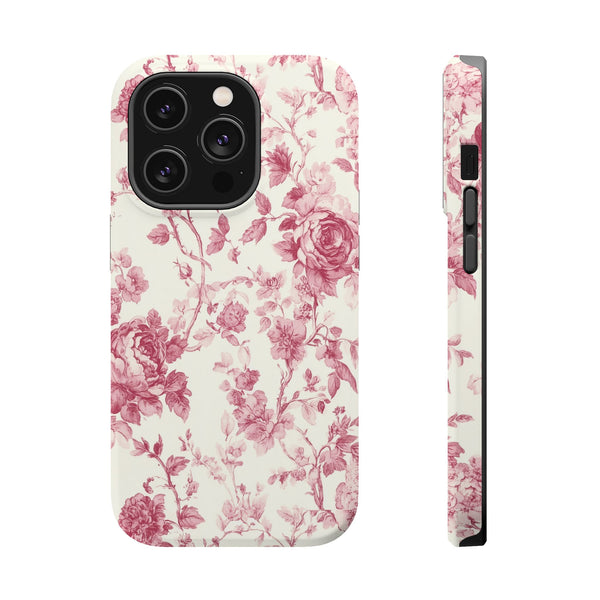 Pink Floral MagSafe iPhone Case, Toile de Jouy Design, Compatible with iPhone 13 to 16, Elegant Pink Flower Design, Slim Protective Case