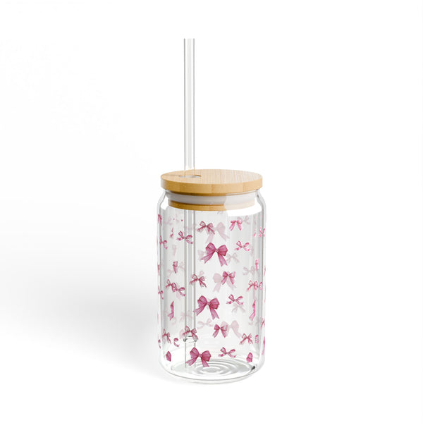 Coquette 16oz Glass Can Cup with Pink Bows, Cute Iced Coffee Cup, Sipper Glass