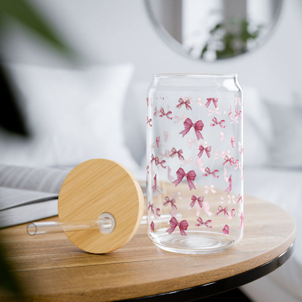Coquette 16oz Glass Can Cup with Pink Bows, Cute Iced Coffee Cup, Sipper Glass