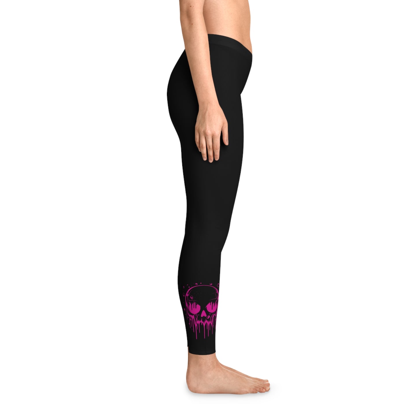 Neon Pink Drip Skull Leggings – Black Mid-Waist Activewear