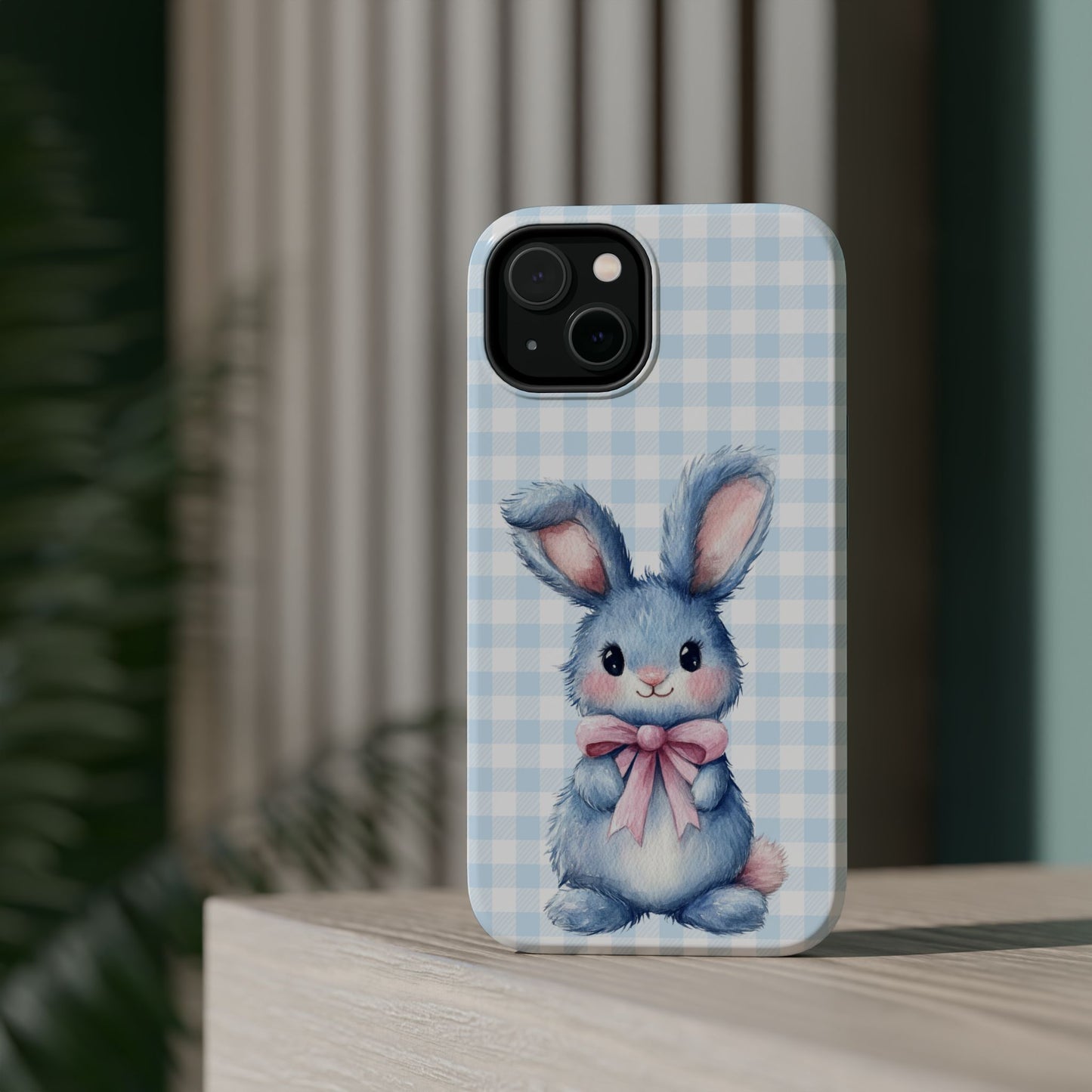 Cute Bunny on Blue Plaid MagSafe iPhone Case