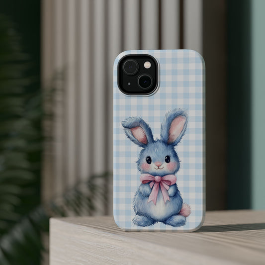 Cute Bunny on Blue Plaid MagSafe iPhone Case