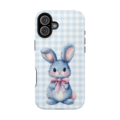 Cute Bunny on Blue Plaid MagSafe iPhone Case