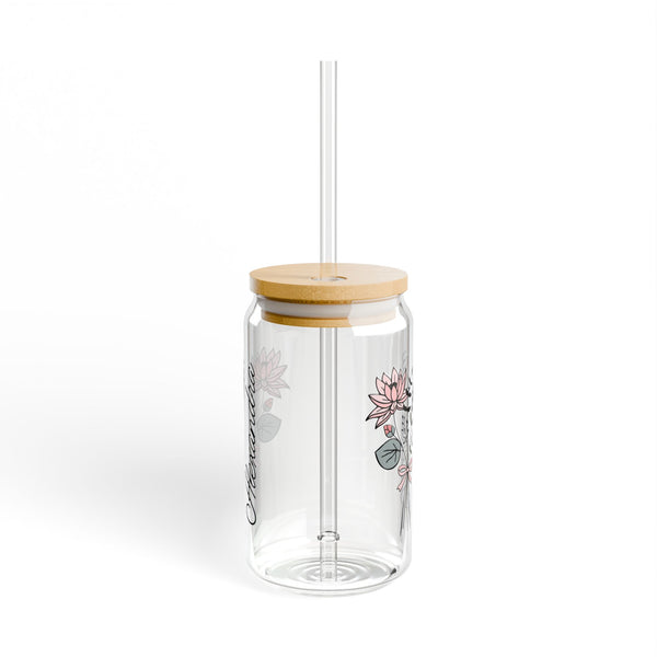Personalized July Flower 16oz Can Glass - Stylish Sipper with Bamboo Lid and Straw