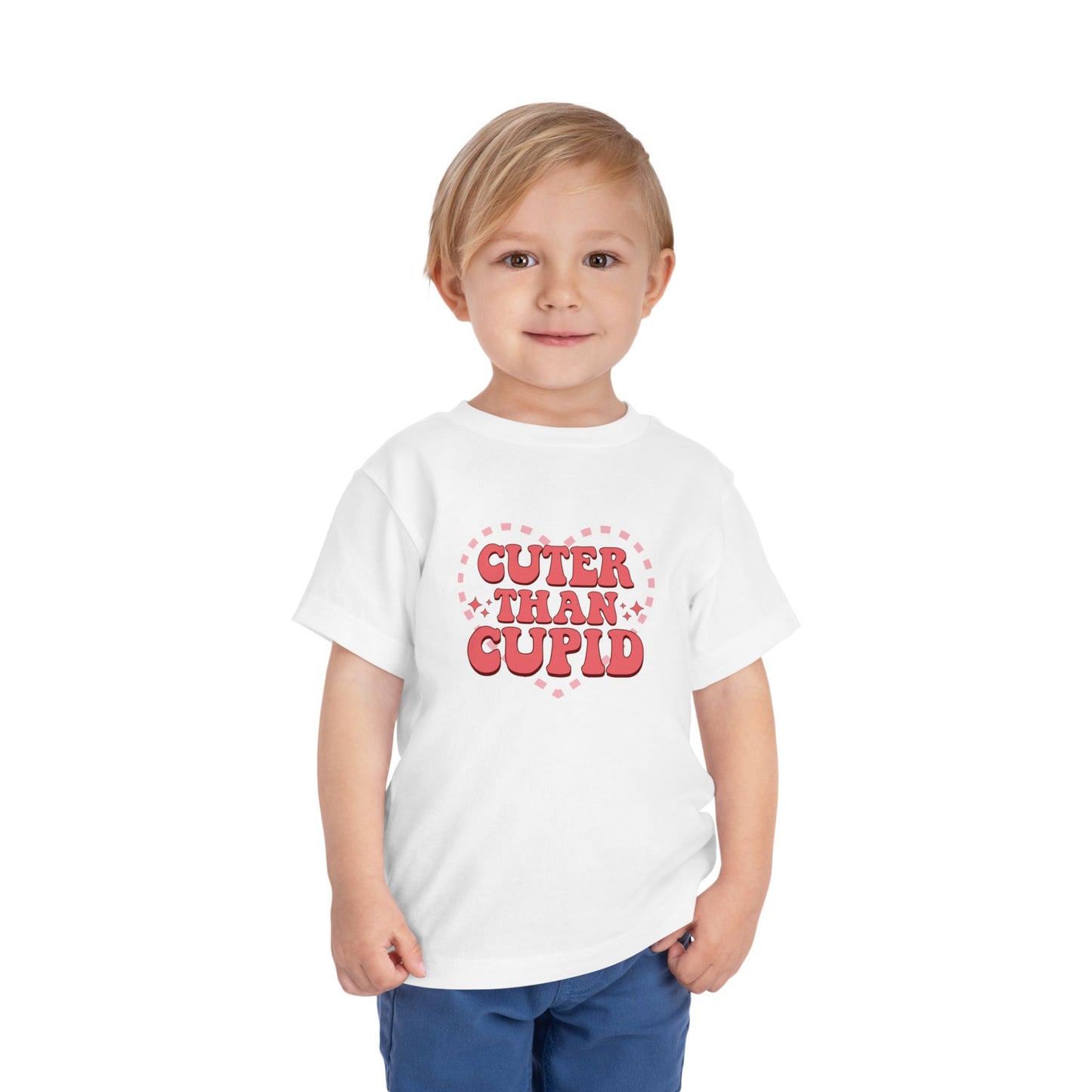 Toddler Valentine’s Day T-Shirt "Cuter Than Cupid" Retro Heart Graphic Tee Soft Unisex Cotton Sizes 2T-5T