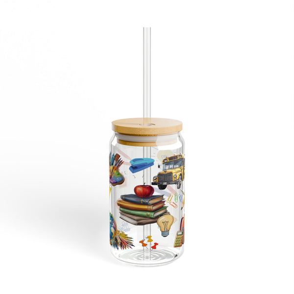 Teacher 16oz Glass, Back to School Can Glass, Teacher Gift Cup, Glass Jar with Lid and Straw, 16oz Glass Cup, Libbey Cup