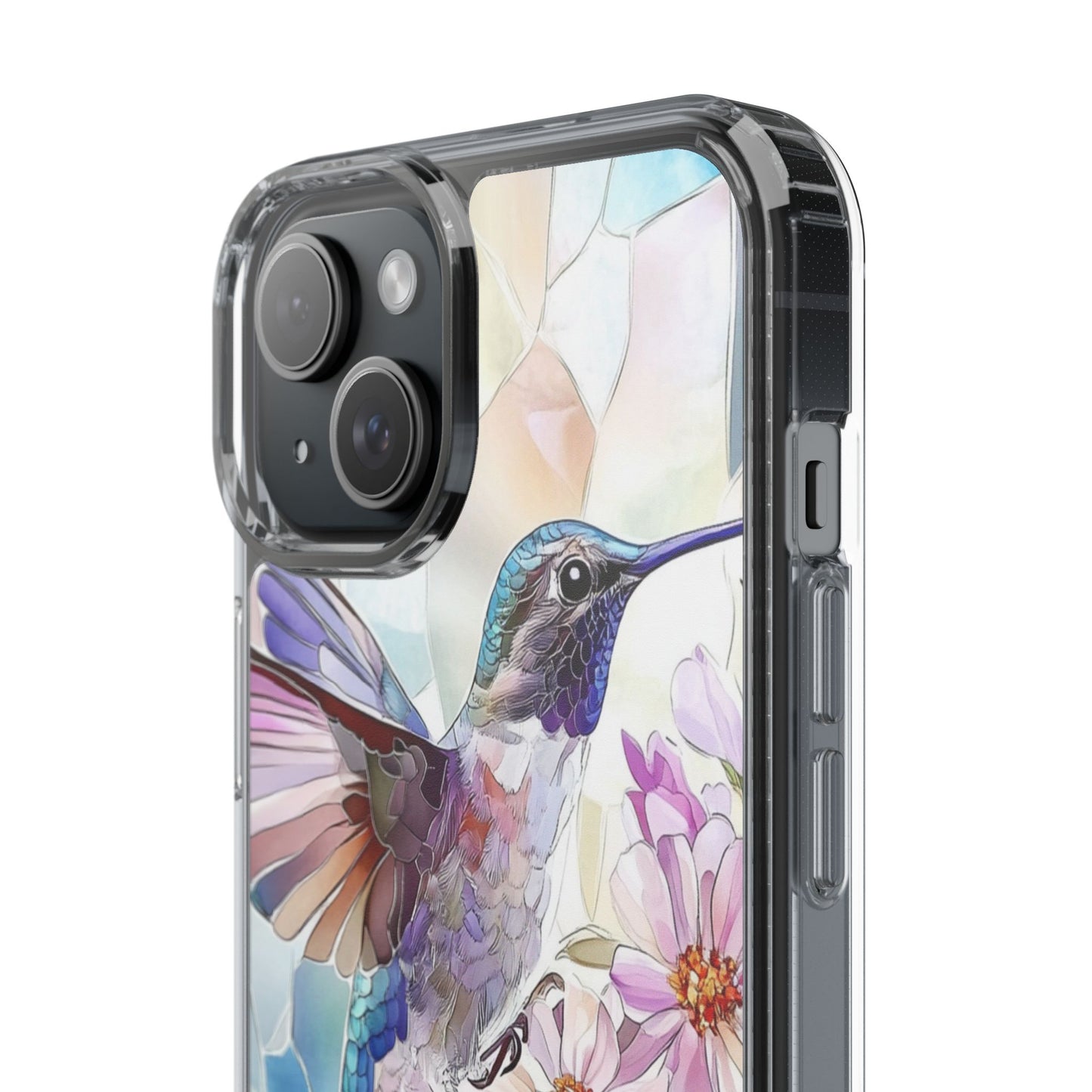 Clear Hummingbird Phone Case - Floral Stained Glass Design, Wireless Charging Compatible