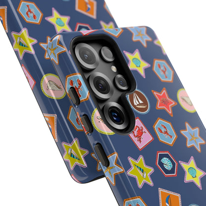 Lobsters Sailboats and Seashells on Navy Blue Phone Case
