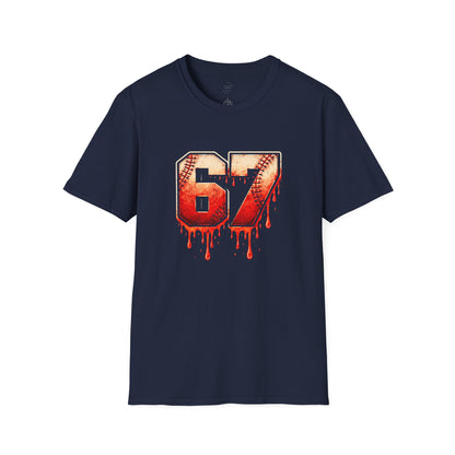 67 Baseball Drip T-Shirt - Vintage Distressed Sports Jersey Style - Grunge Streetwear Graphic Tee for Men & Women
