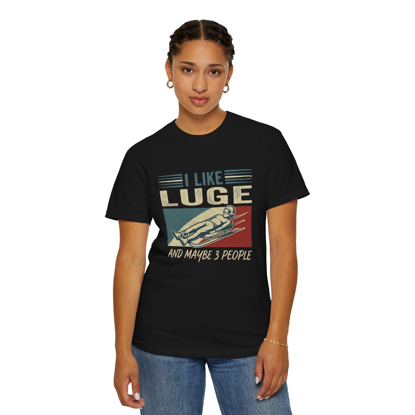 "I Like Luge & Maybe 3 People" Retro Graphic T-Shirt | Funny Winter Sport Gift