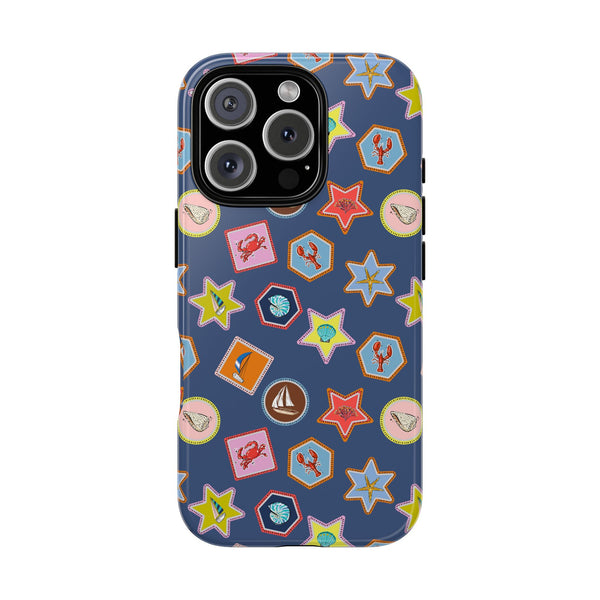Lobsters Sailboats and Seashells on Navy Blue Phone Case