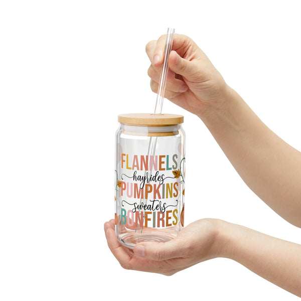 Fall Glass Can, Pumpkins 16oz Libbey Glass, Hayride Iced Coffee Cup, Fall Themed, Glass Tumbler Cup with Lid & Straw, Sweater Season