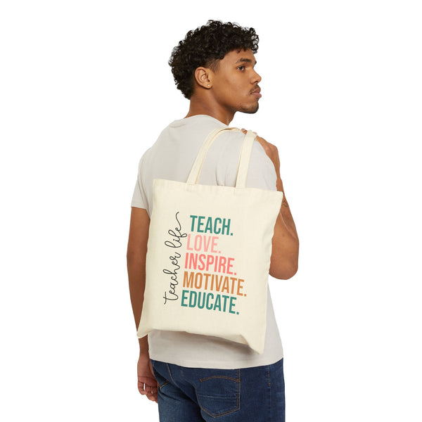 Teacher Life Cotton Canvas Tote Bag | Inspirational Gift for Educators | Eco-Friendly, Reusable, School Supply, Classroom Accessory