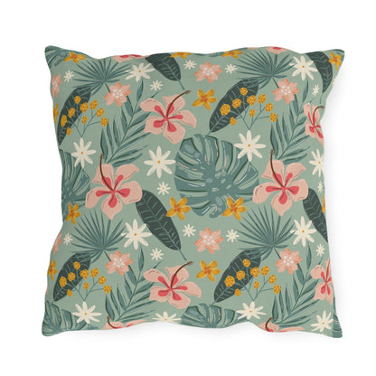 Palm Leaf & Hibiscus - Outdoor Throw Pillow