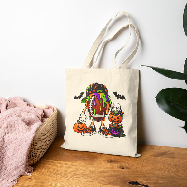 Drippy Football Candy Skull Tote Bag | Pumpkin, Bats, Trick-or-Treat