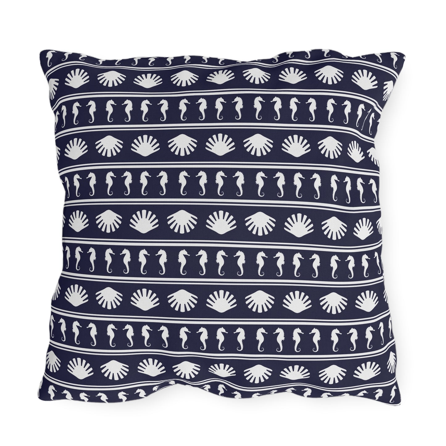 Navy Blue and White Seahorses and Shells Outdoor Pillow
