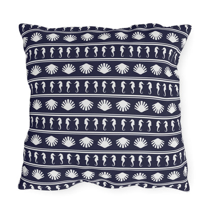 Navy Blue and White Seahorses and Shells Outdoor Pillow