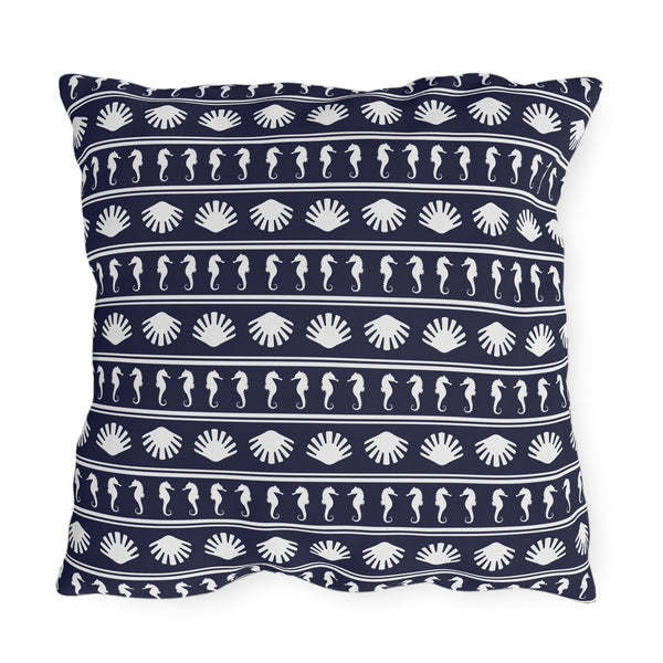 Navy Blue and White Seahorses and Shells Outdoor Pillow