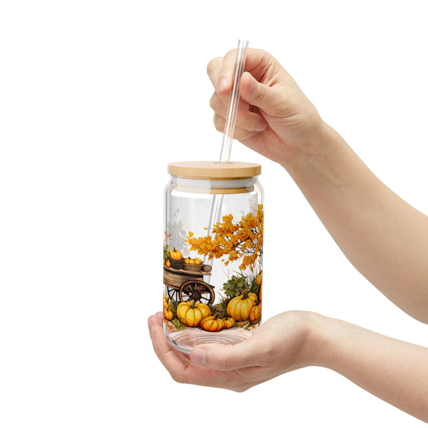 Fall Themed 16oz Glass, Iced Pumpkin Spice Can Glass, Fall Drinks Cup, Glass Jar with Lid and Straw, 16oz Glass Cup, Libbey Cup