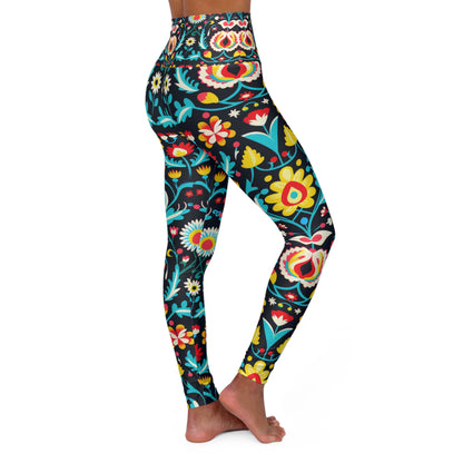 Midnight Folk Art High Waisted Leggings – Vibrant Boho Floral Print