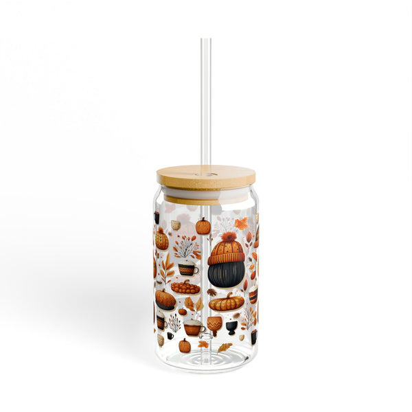 Fall 16oz Glass, Fall Icon Can Glass, Pumpkin Spice Cup, Glass Jar with Lid and Straw, 16oz Glass Cup, Libbey Cup