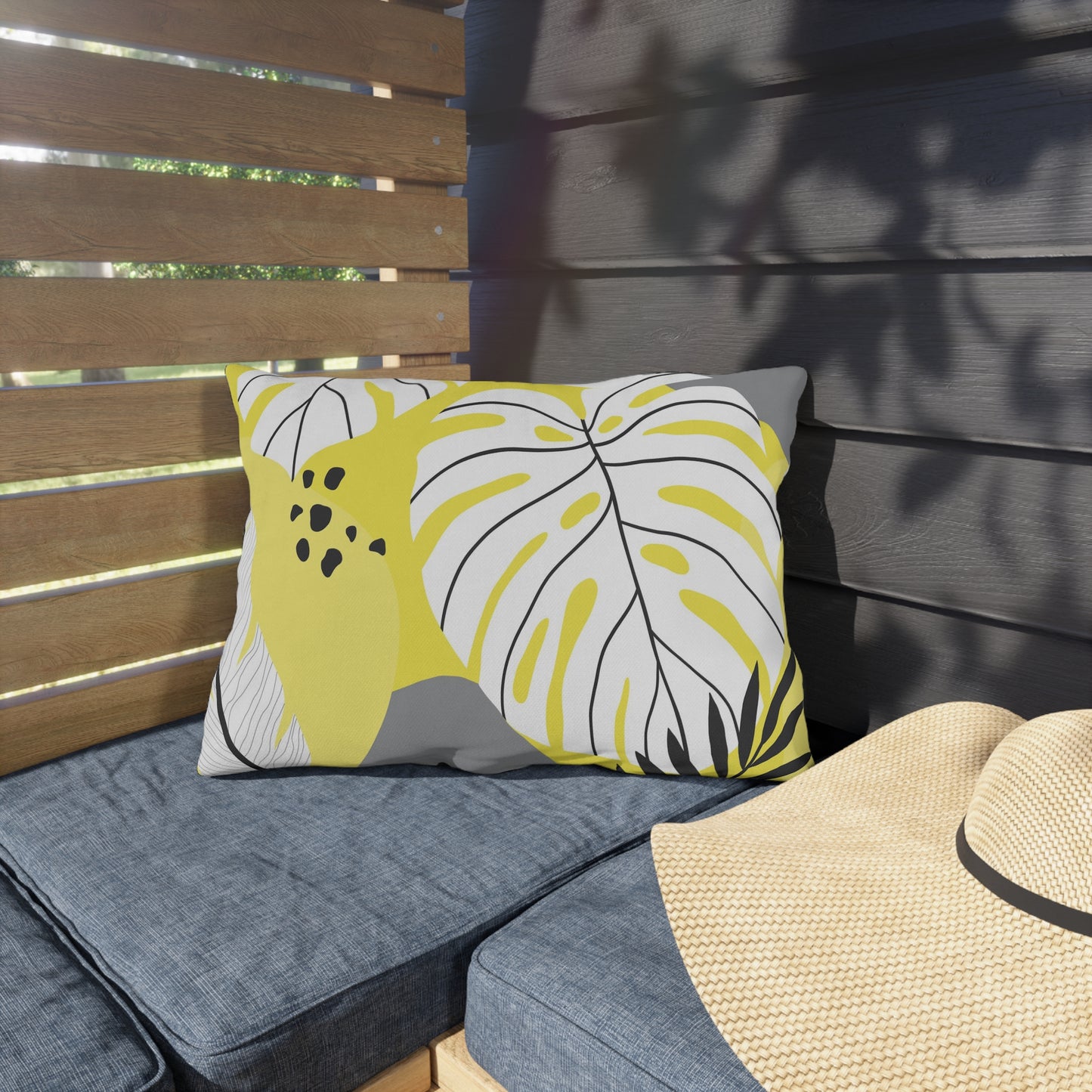 Yellow and White Palm Leaf Flora - Outdoor Throw Pillow