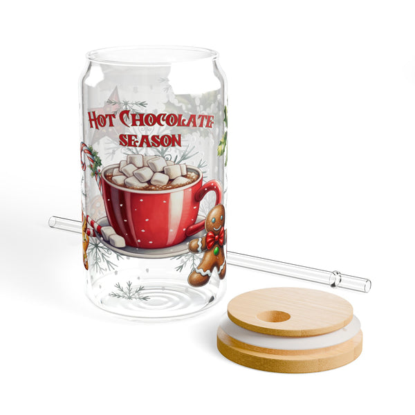 Hot Chocolate 16oz Glass, Hot Chocolate Season Can Glass, Christmas Gift Cup, Glass Jar with Lid and Straw, 16oz Glass Cup, Libbey Cup