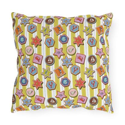 Coastal Nautical Outdoor Throw Pillow – Beach House Patio Cushion with Lobsters, Sailboats & Seashells